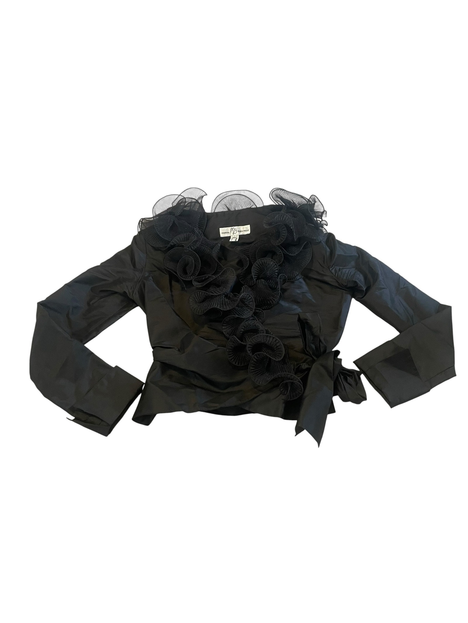 Marisa Baratelli Black Ruffle Neck Tie Waist Long Sleeve Blouse 100% Silk Sz 2